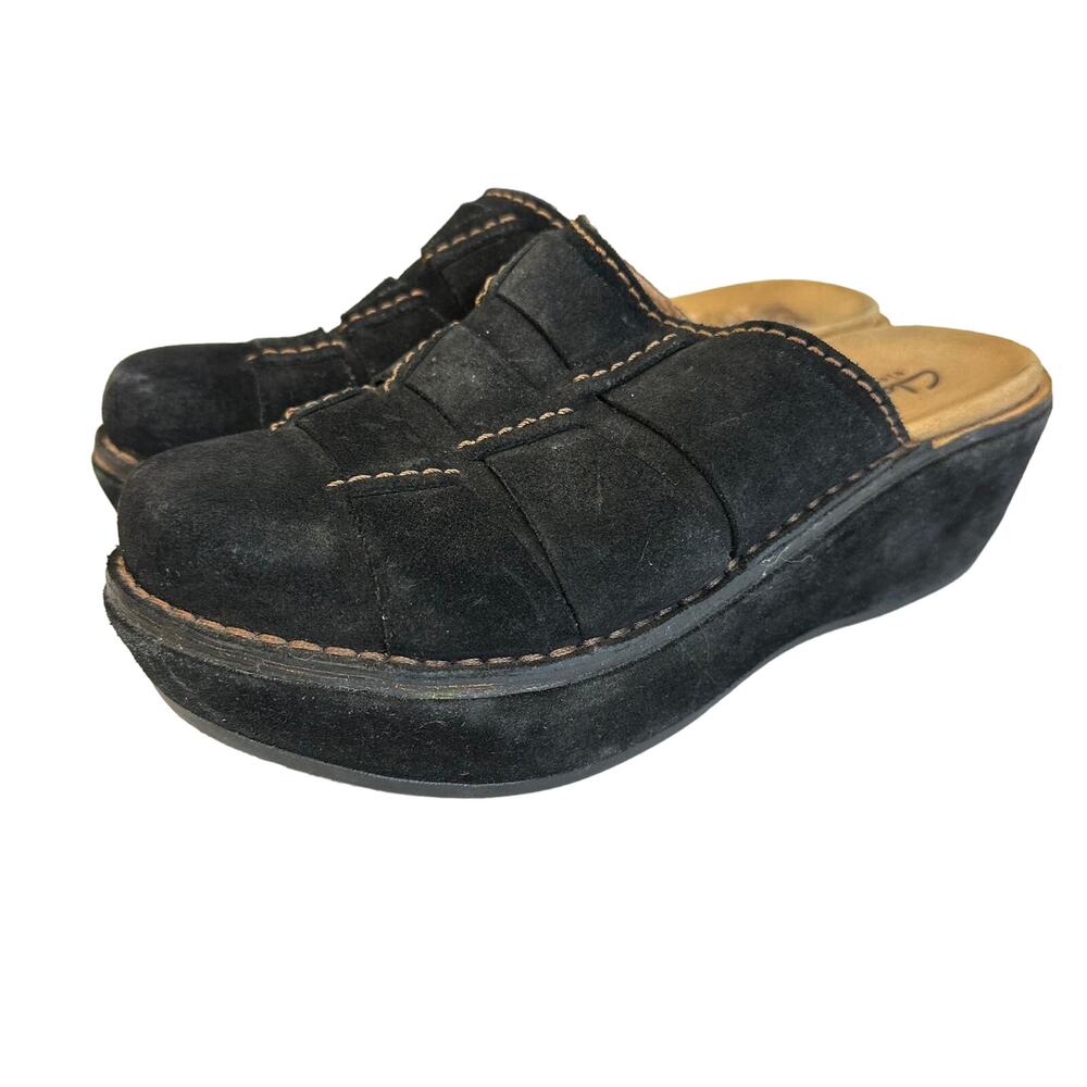 Clarks Women's Black Suede Wedge Mules Clogs Slip-On Comfort Shoes Size‎ 7